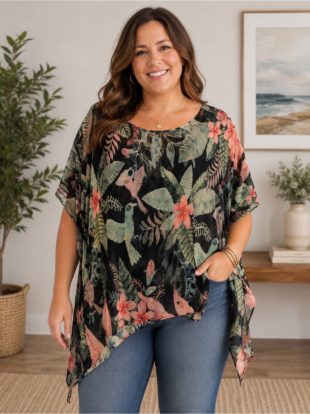 Jade Black Tropical Floral Short-Sleeve Tunic